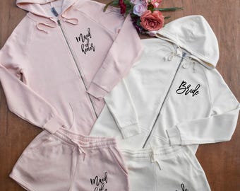 Bridesmaid Sweatsuit Set Custom Getting Ready Outfits Bridal Party Zip up Outfit Hoodie and Shorts Set Bridal PJ's Wedding Morning outfit pj