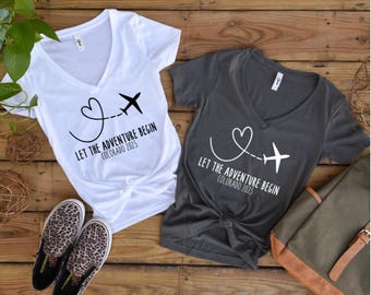 Personalized Let The Adventure Begin V-neck Destination Wedding T-Shirt Custom Honeymoon Airplane Travel Tee Shirts Vacation Elopement Gift