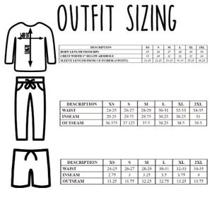 May include: Black and white line drawings of clothing items, including a long-sleeved shirt, pants, and shorts, with a sizing chart. The text "OUTFIT SIZING" is at the top. The chart provides measurements for various sizes.