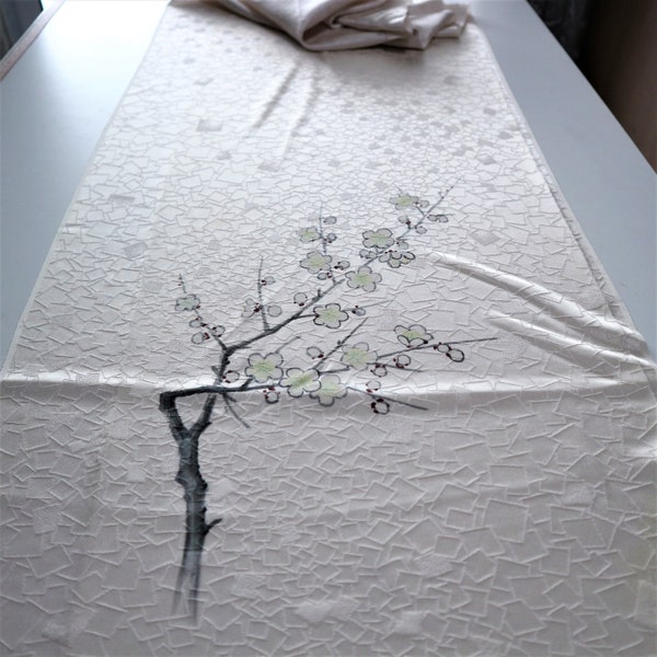 Vintage Japanese Kimono Fabric Silk White Gray Flower 154cm 60.7" inches U02 E