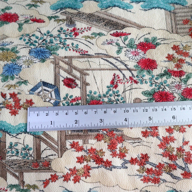 Vintage Kimono Quilt Silk Fabric Cream Flower Art Classic Style 118cm G32 
