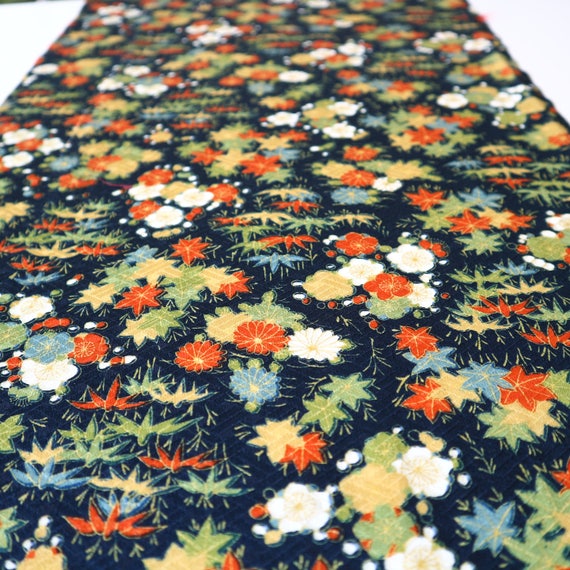 Vintage Kimono Fabric Synthetic Navy Blue Green Flower Art Etsy