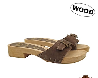 Wooden clogs and genuine leather band with buckle - MY66230 CAM TAUPE