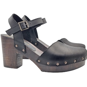 Black Dutch sandals in leather with strap and 9.5 cm heel - Made in Italy - MY1295 NERO