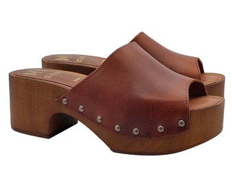 Women's leather clogs with 6 cm heel - Made in Italy - MY261 CUOIO