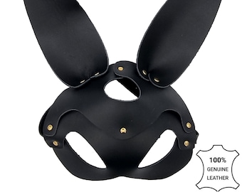 Black leather woman mask with removable long ears - Made in Italy - MP05 NERO