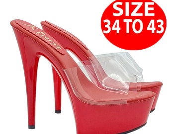 May include: Red high-heeled platform sandals with clear straps. The heels are very high and the platform is thick. The sandals are available in sizes 34 to 43.