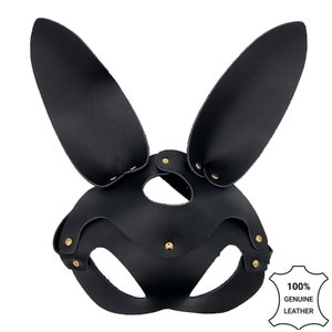 Black leather woman mask with removable long ears - Made in Italy - MP05 NERO