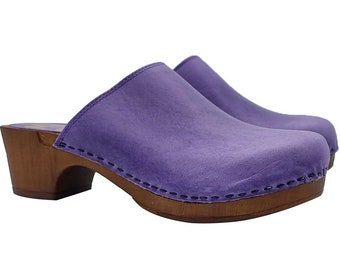 Classic wisteria-colored Dutch clogs in leather - Made in Italy - MY573 GLICINE