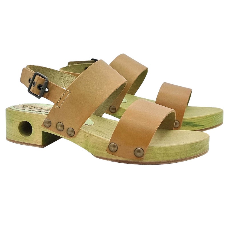 Green women's clogs with leather bands and strap Made in Italy GL131 OL image 2