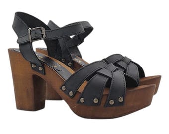 Sandalias de piel para mujer, tacón de 9 cm - Made in Italy - MY325 NERO