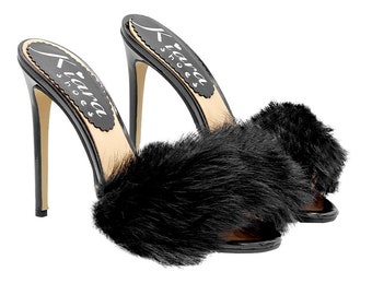 Black patent leather clogs with fur and 12 cm heel - Made in Italy - KE09940 VERN NERO