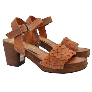 Brown sandals with woven leather band and 6.5 cm heel - Made in Italy - MY273 MARRONE