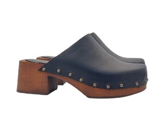 Classic Dutch clogs - black leather upper - Made in Italy - MY307 NERO