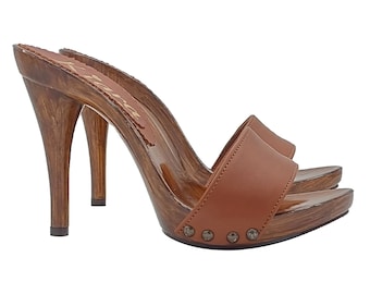 brown handmade leather clogs -KM7203 CUOIO