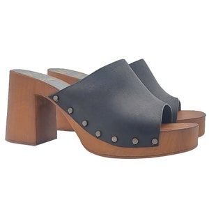 Women&#39;s clogs with black leather band and 8.5 heel - Made in Italy - MY171 PELL NERO