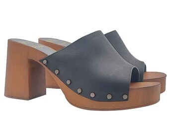 Zuecos de mujer con banda de piel negra y tacón 8,5 - Made in Italy - MY171 PELL NERO