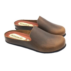 May include: A pair of brown leather slip-on clogs with a slightly rounded toe. The clogs have a brown leather insole with the word "gloie" printed on them.