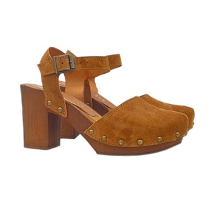 Dutch clogs in brown leather heel 9.5 cm - Made in Italy - MY129 CAM CUOIO