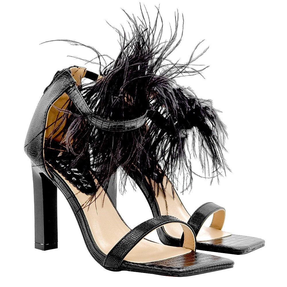 Black feather strap heels discount