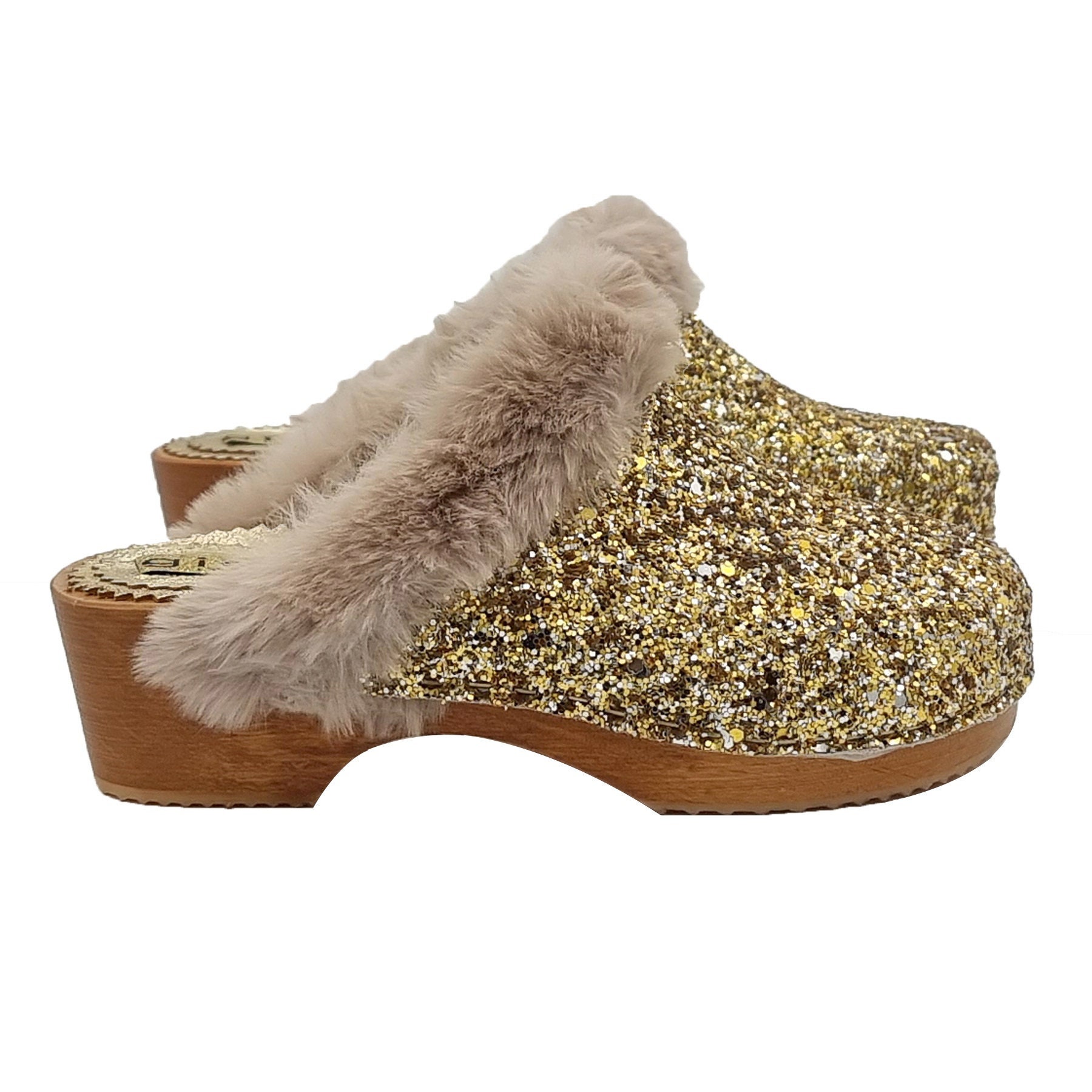 Shiny Clogs Gold Glitter Girl's Clogs With Synthetic Fur - Made in Italy - GL114 ...