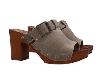Sabots suédois pour femmes à talon 8 en cuir gris Fabriqué en Italie - MY160 GRIGIO C