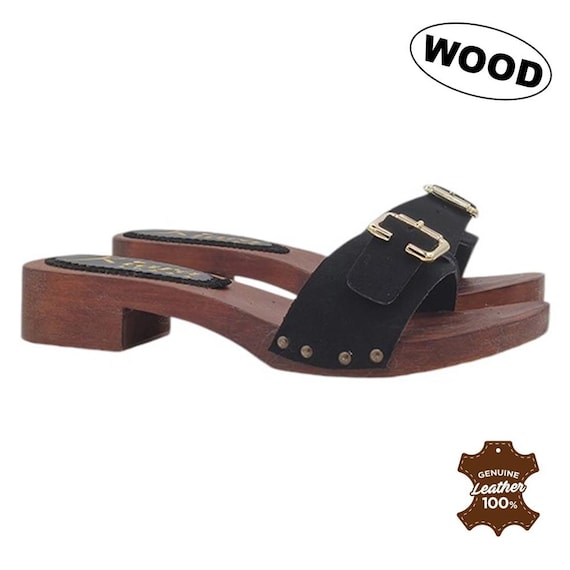 Women's Wooden Clogs With Black Suede Band MY66322 CAM NERO
