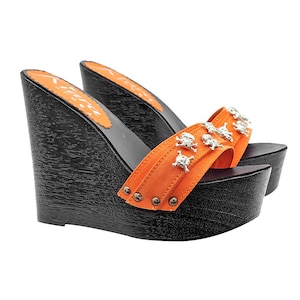 Black wedge with orange upper and skulls heel 13 - Made in Italy - KZH35 ARANCIO