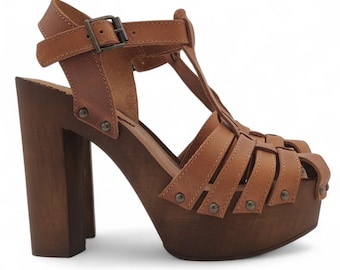 Women’s Leather Clogs with High Heel and Platform – Made in Italy - MY405 CUOIO