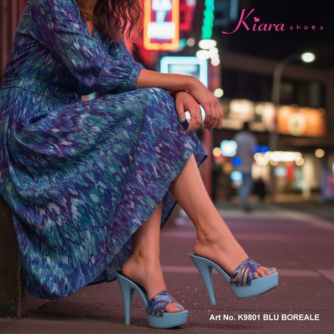 Women’s Blue Clogs With Decorated Fabric Strap – 13 Cm Heel - K9801 BLU ...