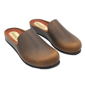 May include: A pair of brown leather slip-on clogs with a rounded toe and a black rubber sole. The clogs have a small label on the inside that says "giole".