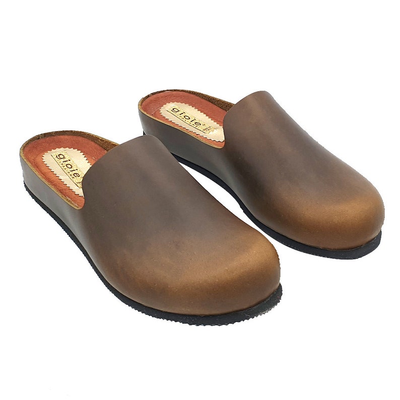May include: A pair of brown leather slip-on clogs with a rounded toe and a black rubber sole. The clogs have a small label on the inside that says "giole".