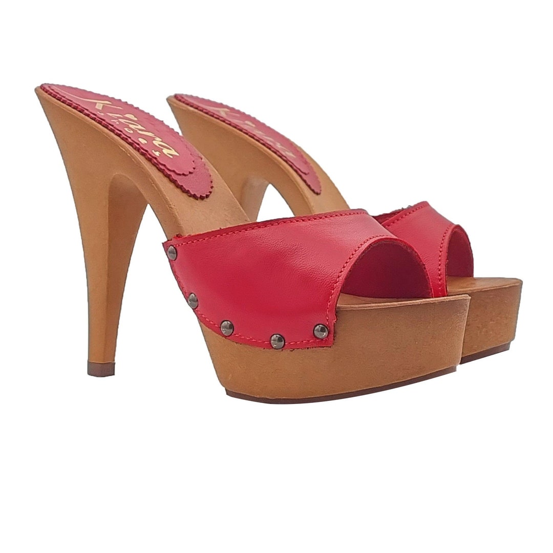Women's Red Clogs in Leather With 13 Cm Heel Made in Italy K93001 PELLE