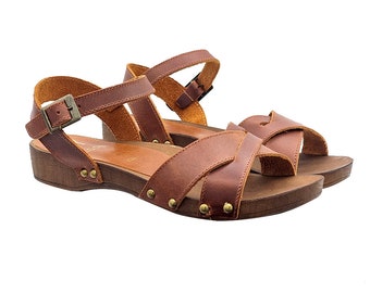 Flat sandals with crossed bands in brown leather and strap - Made in Italy - MY195 MARRONE