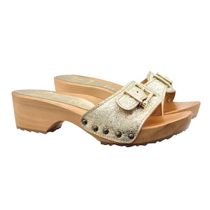 Wooden clogs with upper in golden leather heel 4.5 cm - MY62 CARTER ORO