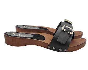 Clogs with adjustable band in black leather | Comfortable and Made in Italy - KV156 PELLE NERO