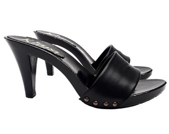 Kiara Shoes Black Clogs with leather upper heel 9 -K6508 NERO