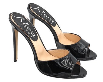 Black High Heel Mules in Patent Leather Made in Italy KE099
