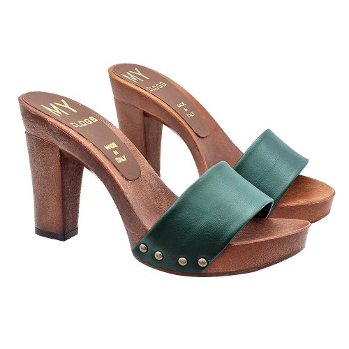 Dark green clogs in leather heel 10 - Made in Italy - MY810 VERDE BOSCO PELLE
