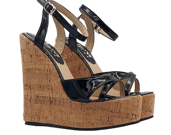 Cork sandals for women with adjustable strap 14 cm heel - KHZ100 NERO VERNICE