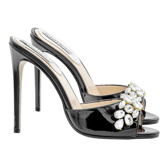 Black Clogs High Heel Jeweled Patent Leather with Rhinestones - Made in Italy - GE09966 Nero