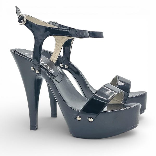 Women's black patent leather sandals with 13 cm heel and platform – Made in Italy - K9520 VERN NERO