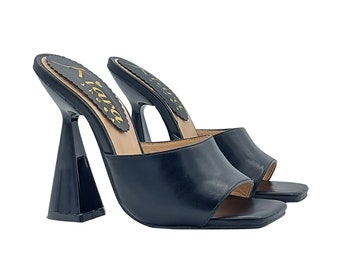 Black sandals in synthetic leather and 12 cm square heel - Made in Italy - KC19 NERO