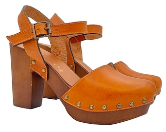 Swedish sandals leather-colored with strap and heel 9 - Made in Italy - MY230 CUOIO