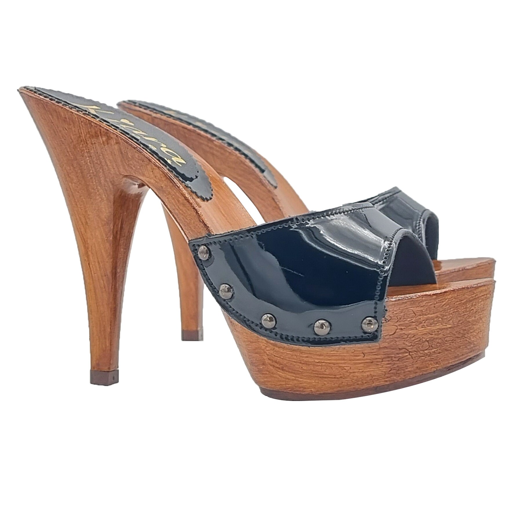 Women's Black Mules in Patent Leather With 13 Cm Heel - Made