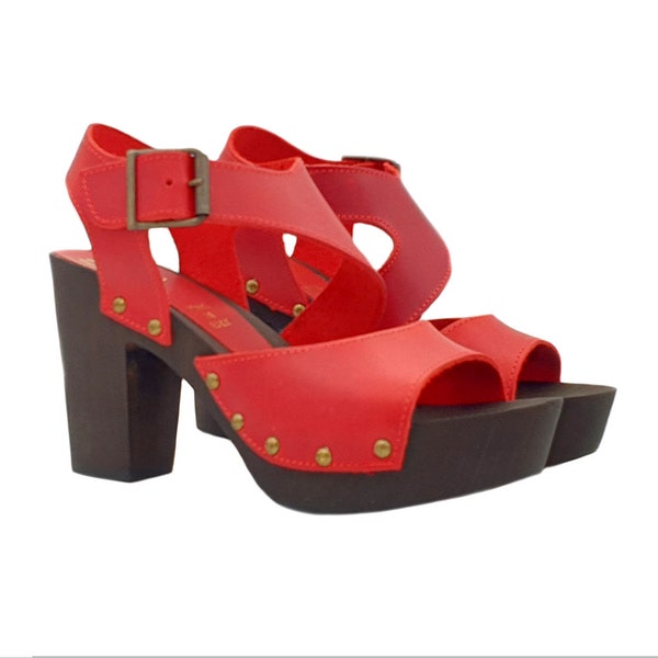Dutch style women's sandals in red Leather Made in Italy - MY138 ROSSO