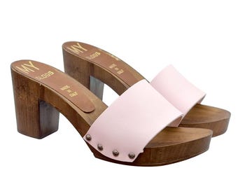 Clogs with 7.5 cm heel and PINK leather band - Made in Italy - MY47 ROSA