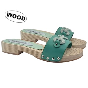 Low green leather women&#39;s clogs with accessory - Made in Italy - GL133 VERDE