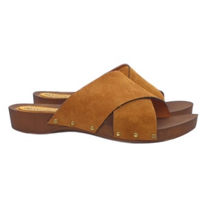 Women's mules with crossed straps in suede Low heel - GM1412 CAM MARRONE