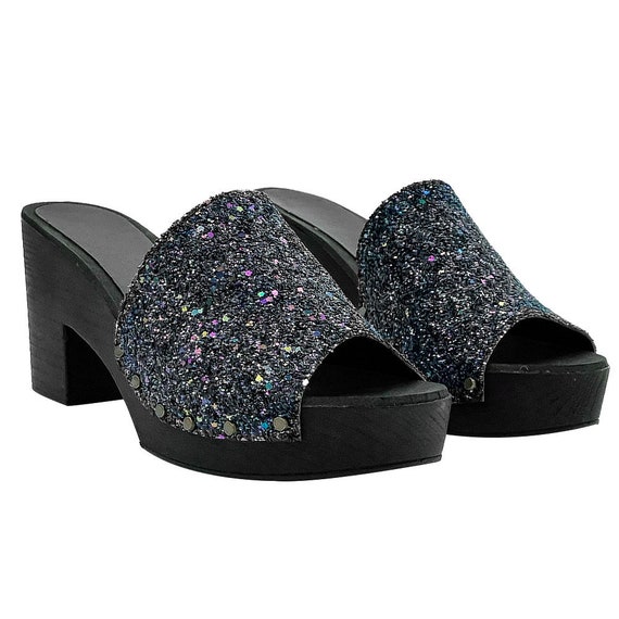 Sandales paillettes noires gros talon Made in Italy MY208 NERO